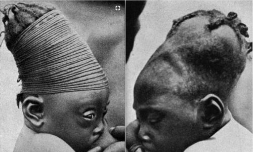Plemię Mangbetu z Afryki Środkowej wyróżniało się wydłużonymi głowami. Tradycyjnie główki niemowląt były ciasno owijane szmatką, aby nadać im ten charakterystyczny wygląd. Praktyka, zwana Lipombo, zaczęła wygasać w latach 50. wraz z nadejściem większej liczby Europejczyków. Zdjęcia ze stycznia 1938 roku. Fot. Pinterest