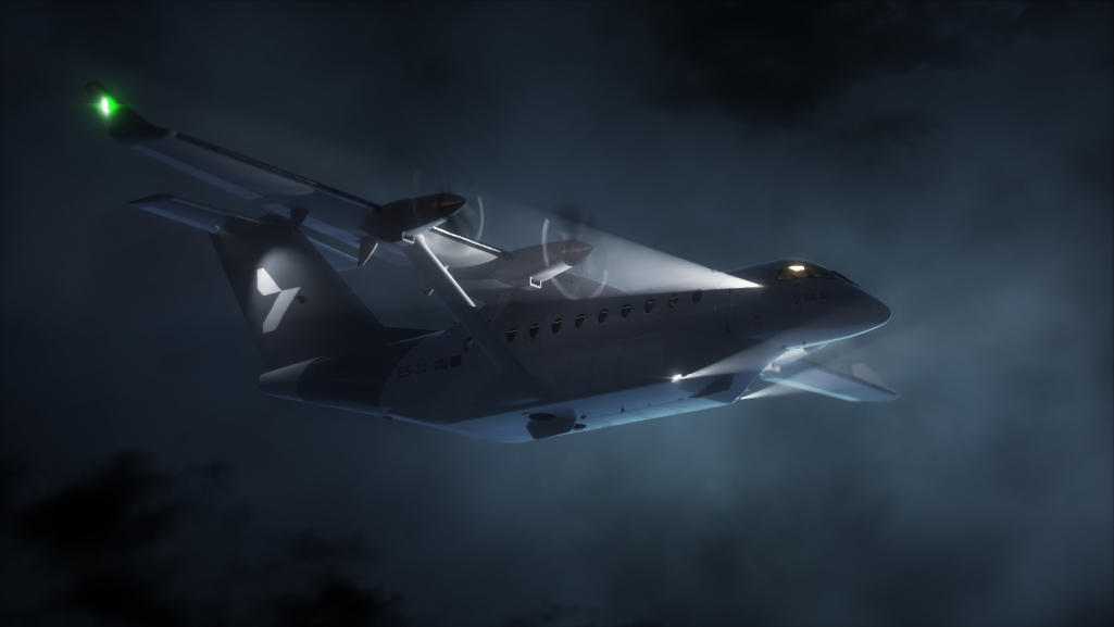 Nocny lot regionalnego samolotu pasażerskiego ES-30. Fot. prasowe/Heart Aerospace