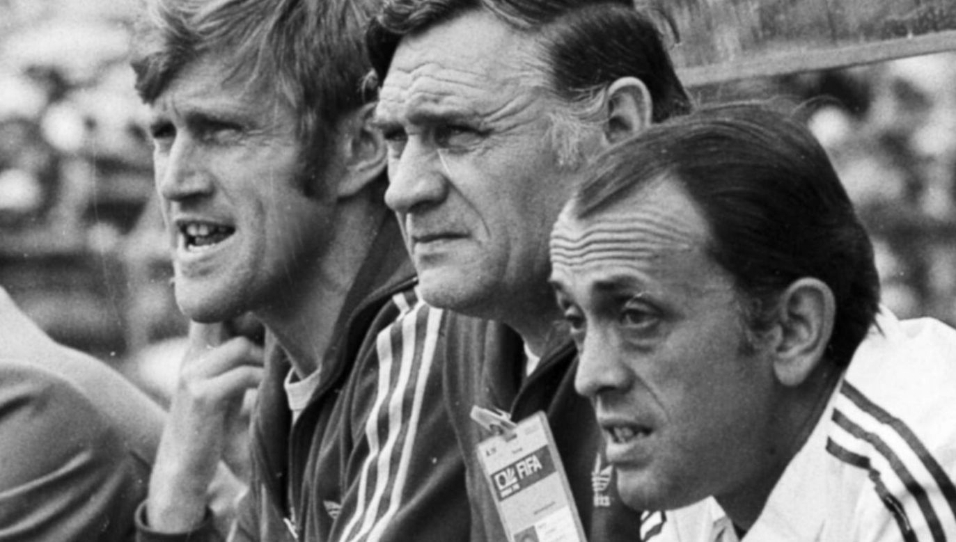 The 1974 World Cup match between Poland and Yugoslavia in Frankfurt. Photo: coaches of the Polish team, from the left: Jacek Gmoch, Kazimierz Górski and Andrzej Strejlau. Photo: PAP/CAF-ADM Stanisław Jakubowski