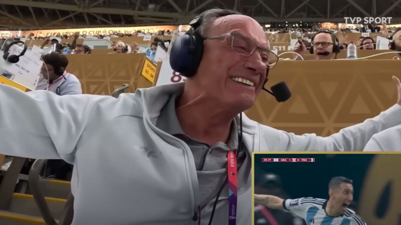 Dariusz Szpakowski podczas finału MŚ w Katarze (fot. TVP Sport).