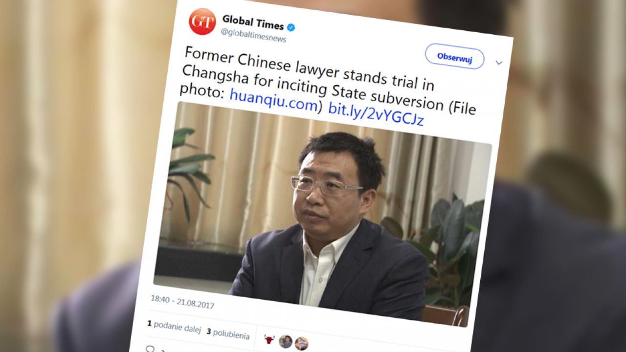 Chiński prawnik i obrońca praw człowieka Jiang Tianyong stanął przed sądem (fot. tt/@globaltimesnews) Chiński prawnik i obrońca praw człowieka Jiang Tianyong stanął przed sądem (fot. tt/@globaltimesnews)