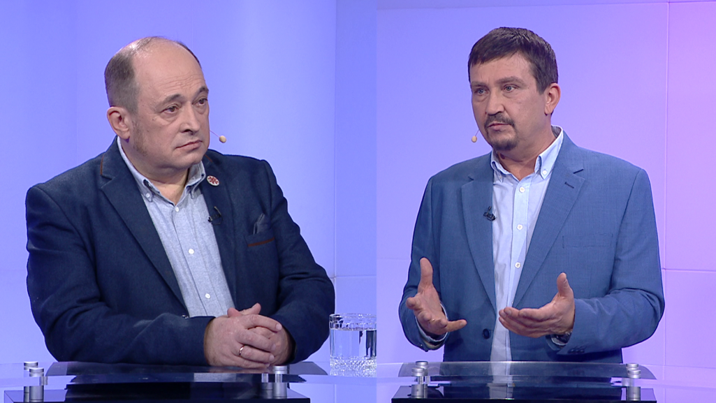 Паўлюк Быкоўскі і Зміцер Лукашук у праграме «Двубой» з Віталём Цыганковым. Фота: Белсат