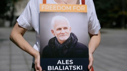 Portrait of Ales Bialiatski during a solidarity action with imprisoned Viasna activists. Vilnius, Lithuania. July 12, 2024. Photo: Spring96.org