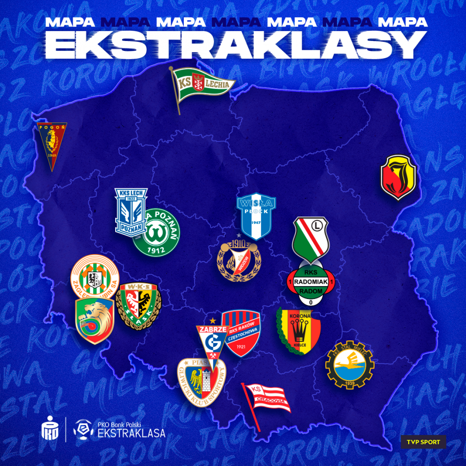 PKO Ekstraklasa 2022/23. Rozmieszczenie klubów piłkarskich w Polsce