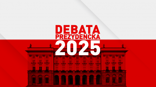 Flaga Polski. Biało-czerwona grafika przedstawiająca pałac prezydencki i napis: Debata prezydencka 2025.