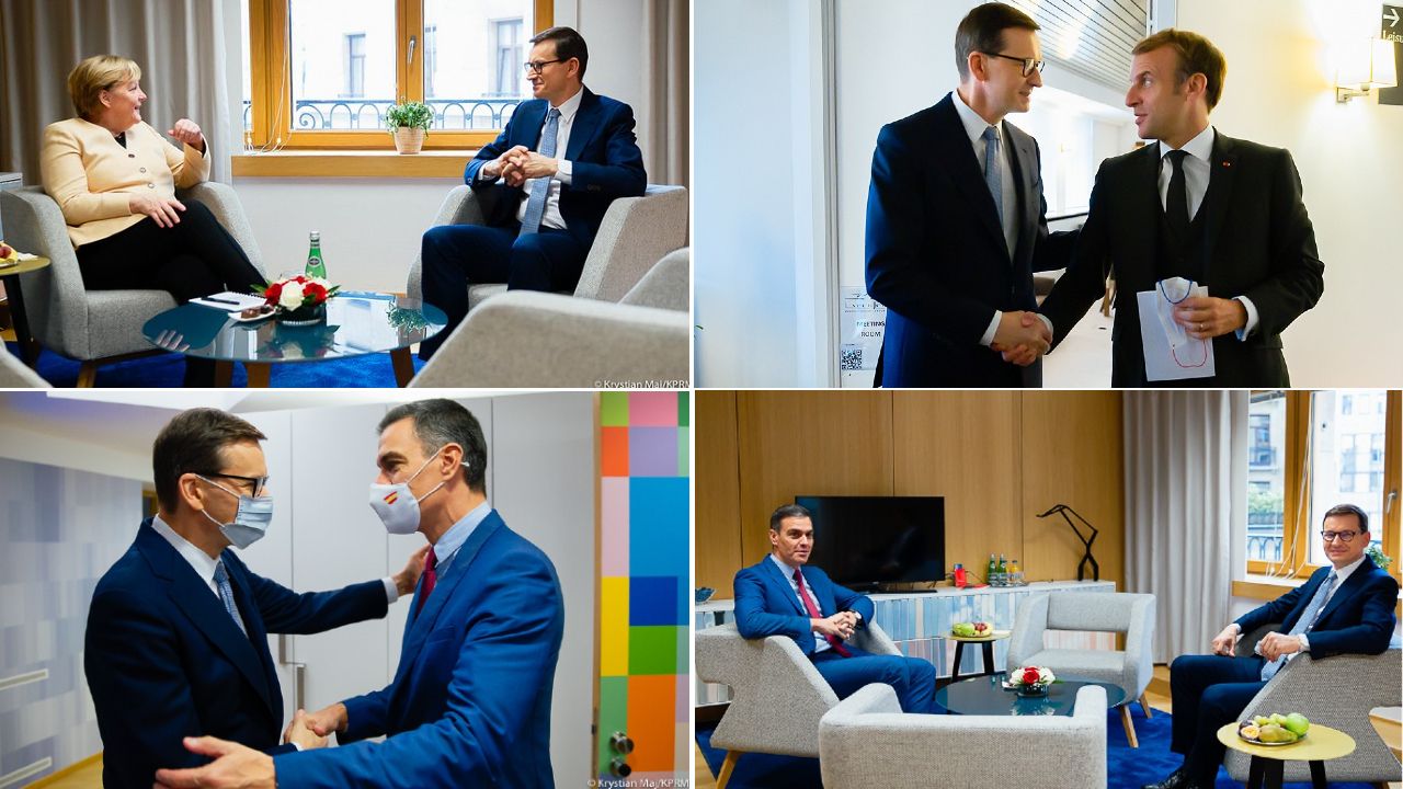 Premier Polski Mateusz Morawiecki z prezydentem Francji Emmanuelem Macronem, kanclerz Niemiec Angelą Merkel i premierem Hiszpanii Pedro Sanchezem (fot. Krystian Maj/KPRP) Premier Polski Mateusz Morawiecki z prezydentem Francji Emmanuelem Macronem, kanclerz Niemiec Angelą Merkel i premierem Hiszpanii Pedro Sanchezem (fot. Krystian Maj/KPRP)