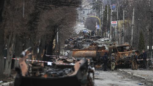 Адна з галоўных вуліцаў Бучы пасля вызвалення гораду ад войскаў РФ