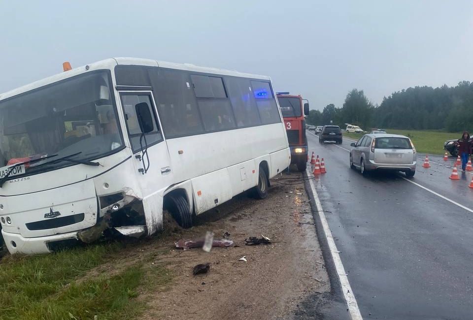Аўтобус з дзецьмі, які трапіў у ДТЗ у Вялейскім раёне. (Фота: УВД Минского облисполкома / Telegram)