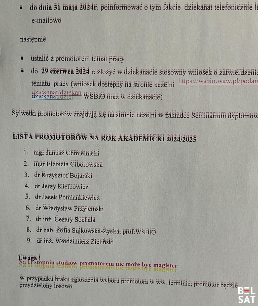 Спіс навуковых кіраўнікоў на гэты навучальны год у Вышэйшай школе бяспекі і аховы. Фота: Белсат