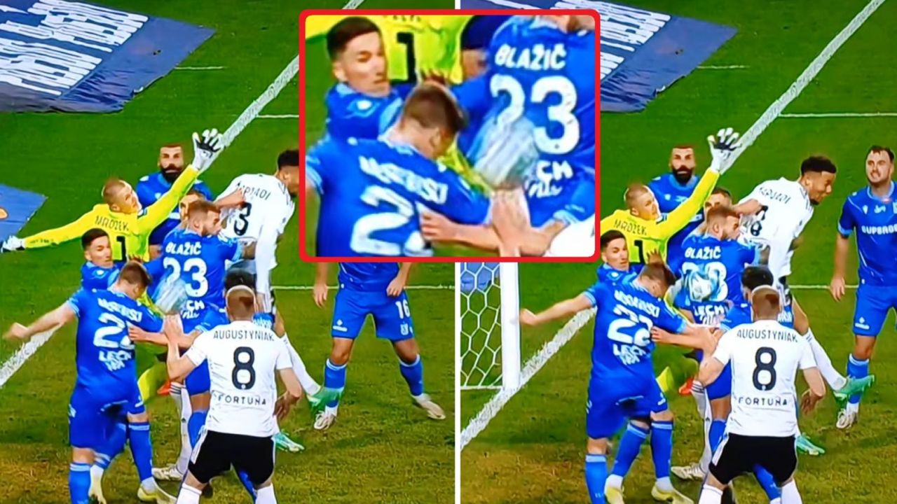 Chwila tuż przed odbiciem piłki ręką przez Radosława Murawskiego i chwila tuż po tym zagraniu (fot. Canal+ Sport)