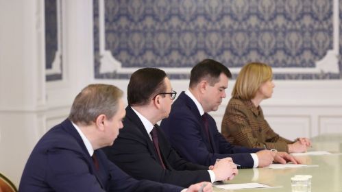 Наталля Пяткевіч, Валер Вакульчык, Уладзімір Перцаў, Уладзімір Каранік падчас прызначэння на новыя пасады, 22 мая 2025 г. Фота: БелТА