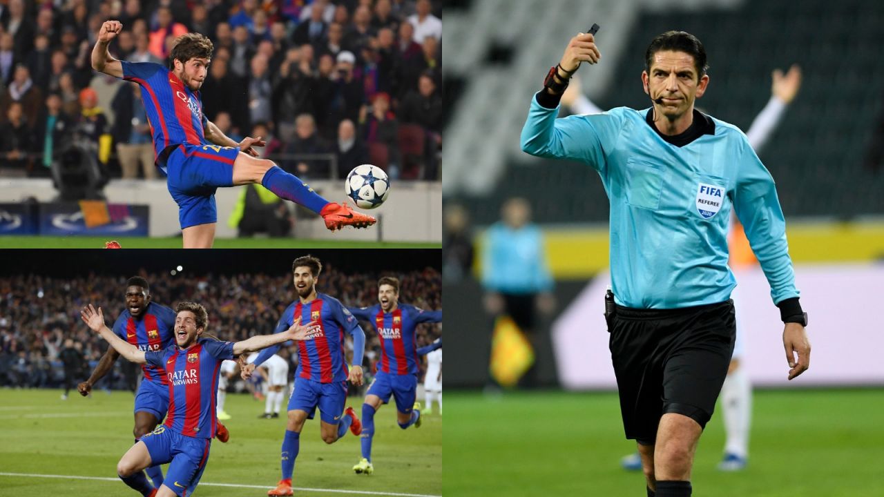 Deniz Aytekin (po prawej), sędzia meczu Barcelona - PSG (6:1) z 2017 roku (fot. Getty)