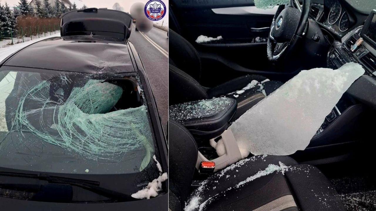 Ice block shattered car window in southern Poland