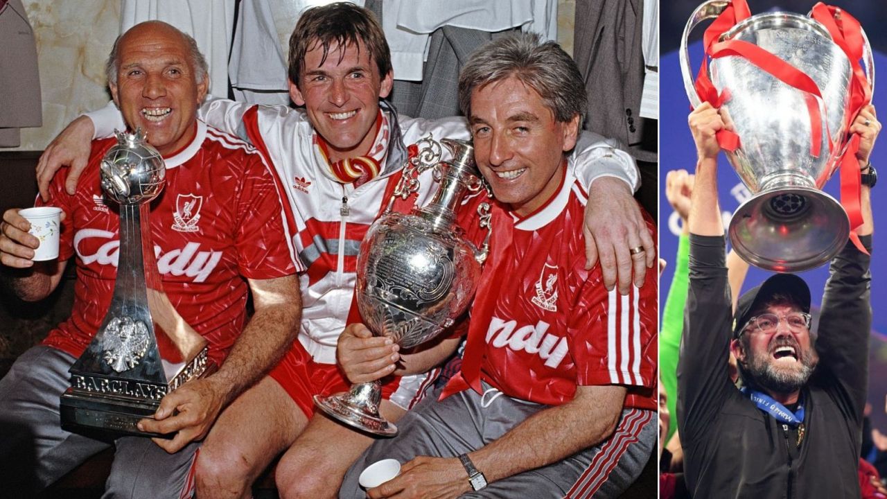 Kenny Dalglish (Ś) i jego asystenci z pucharem za mistrzostwo Anglii 1989/90 (L) i Juergen Klopp z Pucharem Mistrzów 2018/19 (P) (fot. Getty)
