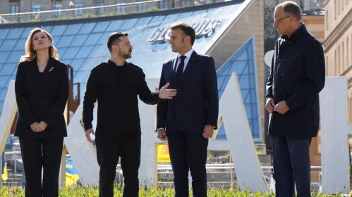 Канцлер Нямеччыны Фрыдрых Мерц і прэзідэнт Францыі Эманюэль Макрон былі сярод еўрапейскіх лідараў, якія прыехалі ў Кііеў 10 траўня на перамовы. Фота: Радіо NV