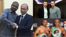 Roy Jones z Władimirem Putinem (L). Z prawej - bracia Kliczko (u góry), niżej Jones po walce z Mikiem Tysonem (fot. Getty/Instagram)