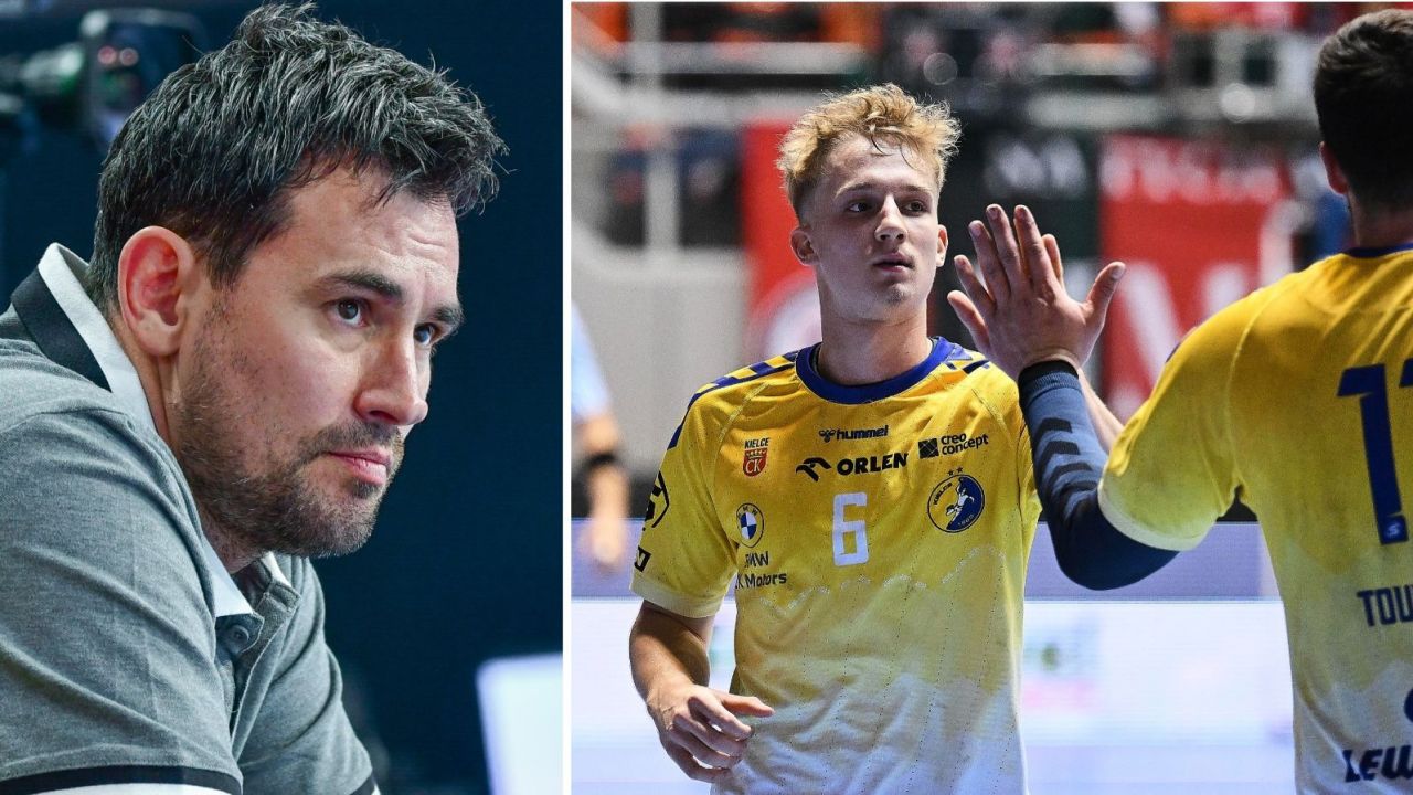 Marcin Lijewski (na zdjęciu z lewej) pominął w powołaniach na ME 2024 dwójkę graczy Industrii Kielce: Szymona Wiadernego (z prawej) i Miłosza Wałacha (fot. Paweł Bejnarowicz/ZPRP, PAP)