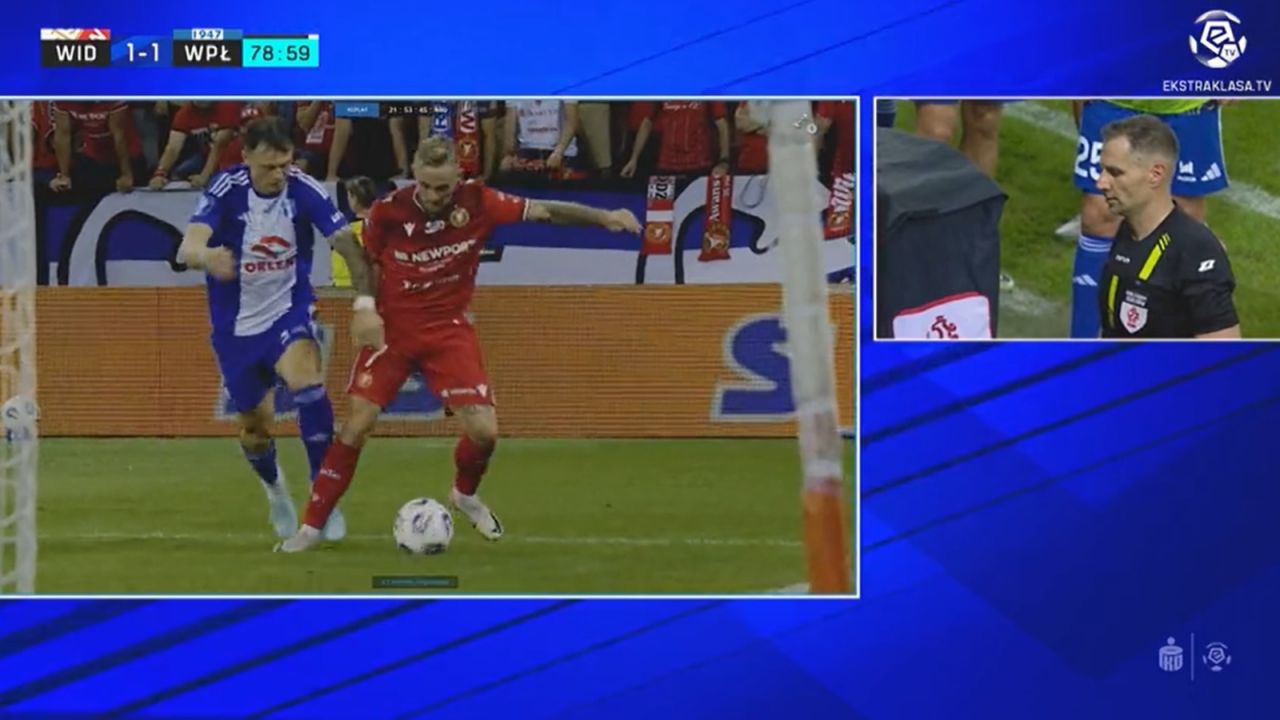 Powtórka zza bramki pozwoliła stwierdzić, że to Mariusz Fornalczyk podstawił nogę Marcusowi Haglindowi-Sangre (kadr: Ekstraklasa TV)