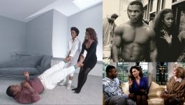 Po lewej: Mike Tyson z teściową Ruth i żoną Robin. U góry z prawej z Naomi Campbell, niżej z żoną u Barbary Walters (fot. Getty)