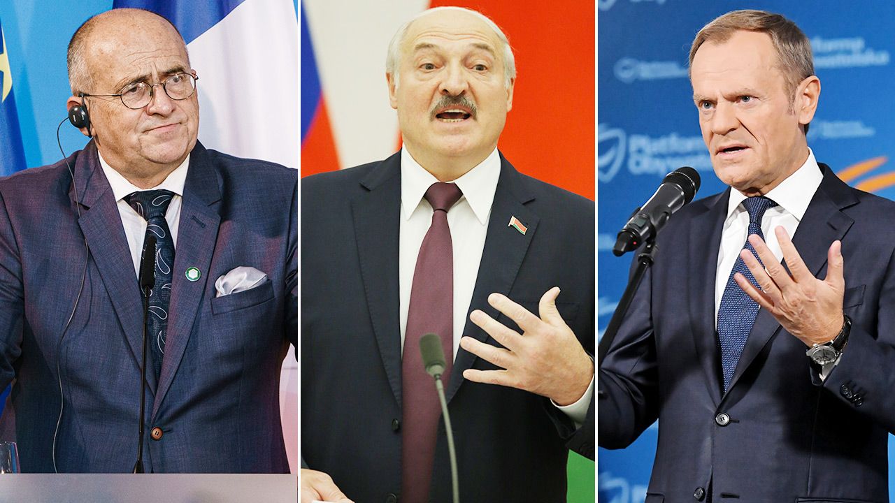 Od lewej: min. Zbigniew Rau, prezydent Białorusi Alaksandr Łukaszenka, lider PO Donald Tusk (fot. Getty Images; PAP/Piotr Nowak)