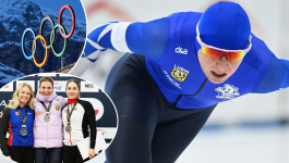 Natalia Czerwonka podczas mistrzostw Polski (fot. PAP) / Koła olimpijskie w Cortinie d'Ampezzo (fot. Getty Images) Natalia Czerwonka podczas biegu na torze i na podium mistrzostw Polski, w tle motyw igrzysk olimpijskich