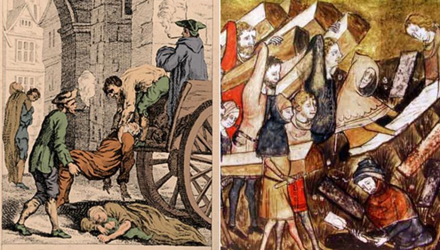 Wielka zaraza w Londynie 1665r. (L) Obywatele Tournai chowają ofiary zarazy (P) (fot. wikipedia.org)